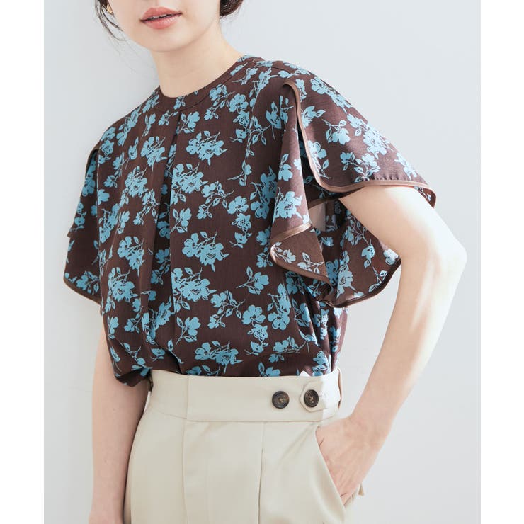 ブラウン系(23) | 花柄＆無地スタンドネックパイピングスリーブブラウス | VIS 