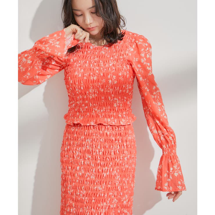 オレンジ系(71) | 【セットアップ対応】花柄シャーリングブラウス | VIS 