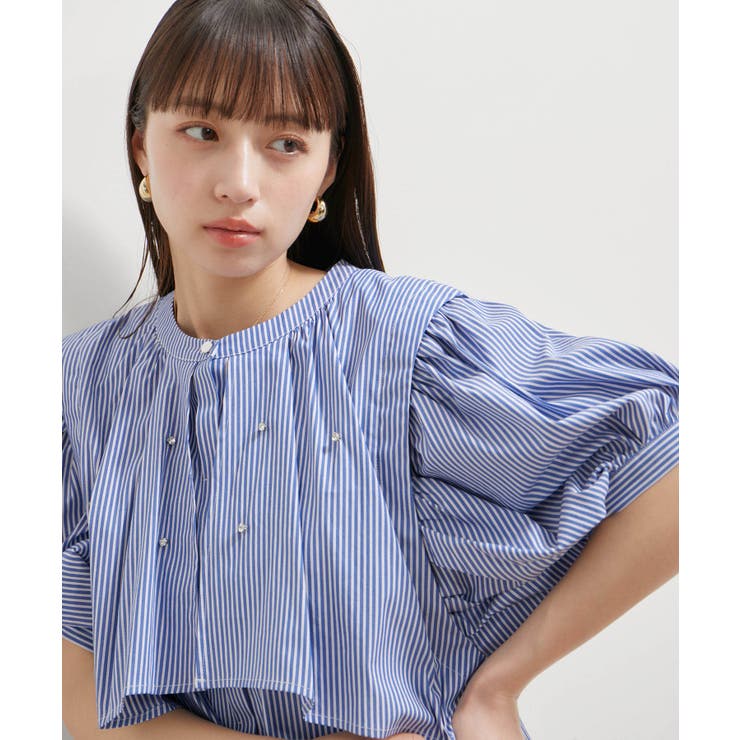 洗える】ラインストーンシャツチュニックブラウス[品番