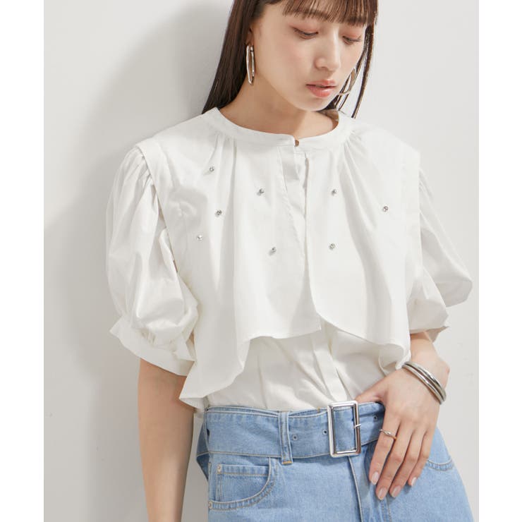 洗える】ラインストーンシャツチュニックブラウス[品番