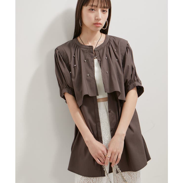 洗える】ラインストーンシャツチュニックブラウス[品番