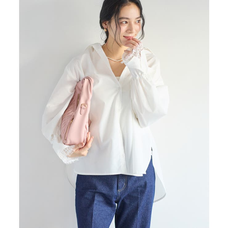 ホワイト(10) | レーススリーブAラインシャツ | VIS 