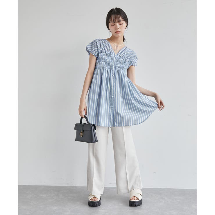 洗える】ゆるVネックシャーリングシャツブラウス[品番
