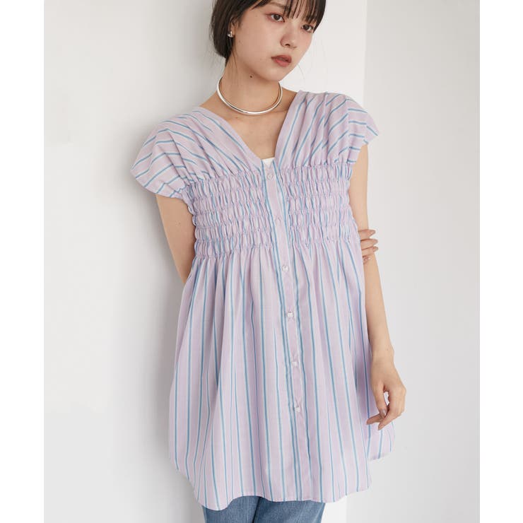 ピンク系(65) | 【洗える】ゆるVネックシャーリングシャツブラウス | VIS 