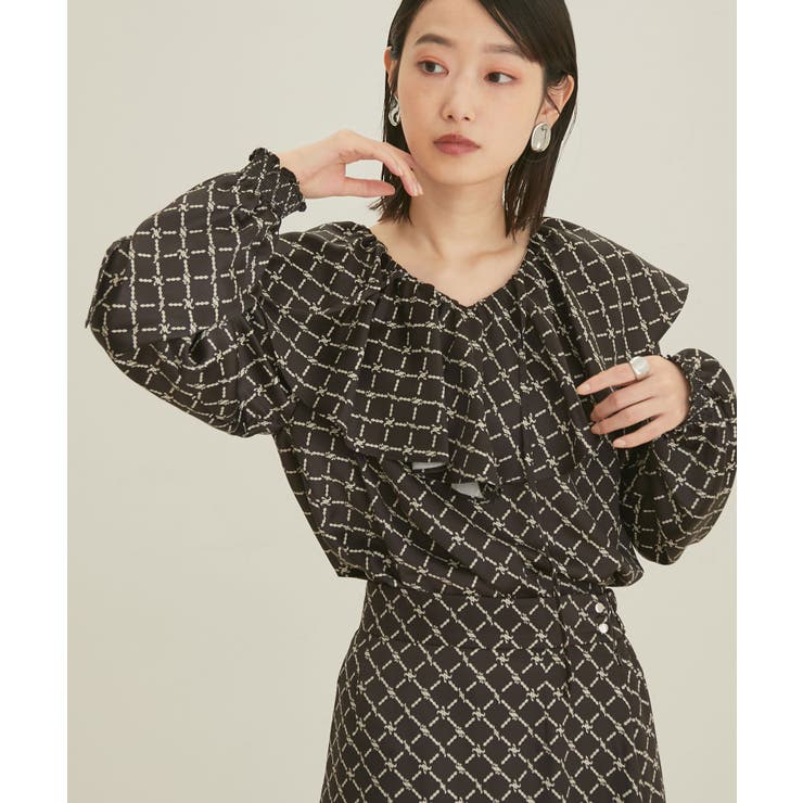 【セットアップ対応】【洗える】モノグラムフリルシャーリングブラウス | VIS  | 詳細画像1 