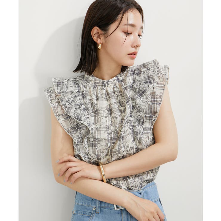 シアーチェックフリルトップス シアーチェックエプロンフリル