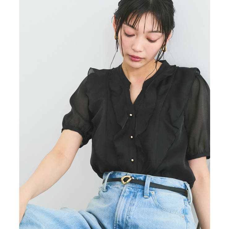 ブラック(01) | 【洗える】シアーラッフルフリル半袖ブラウス | VIS 