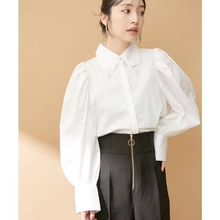 衿ビジュー調Ｔシャツ白レディース - Tシャツ(半袖/袖なし)