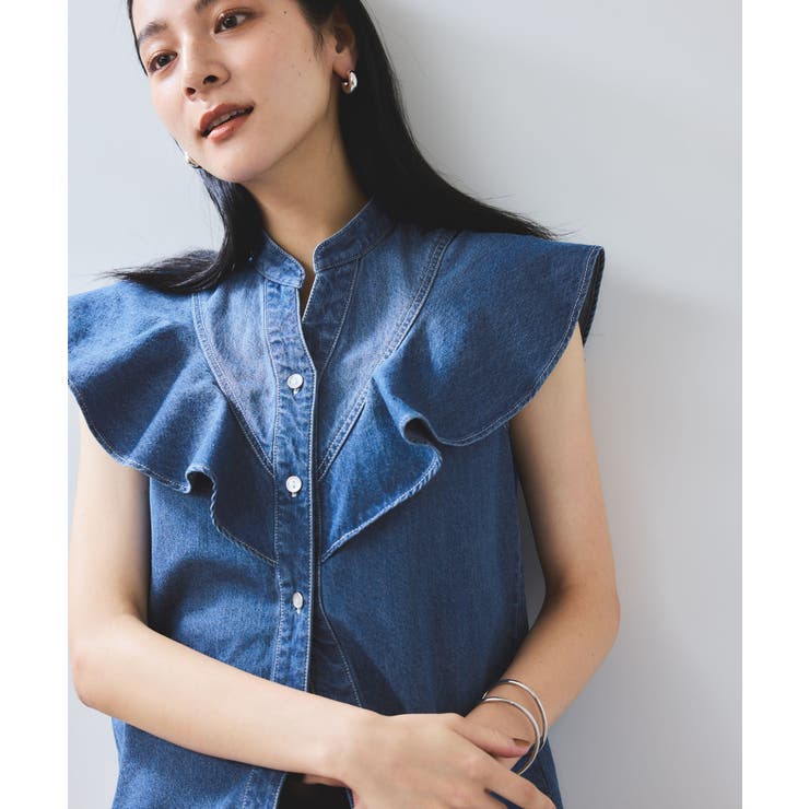 【UVケア/洗える】ラッフルデザインデニムブラウス | VIS  | 詳細画像4 