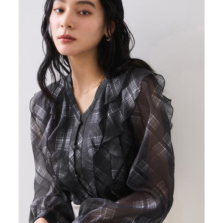 フロントフリルシアーチェックブラウス/イージーケア | VIS  | 詳細画像1 