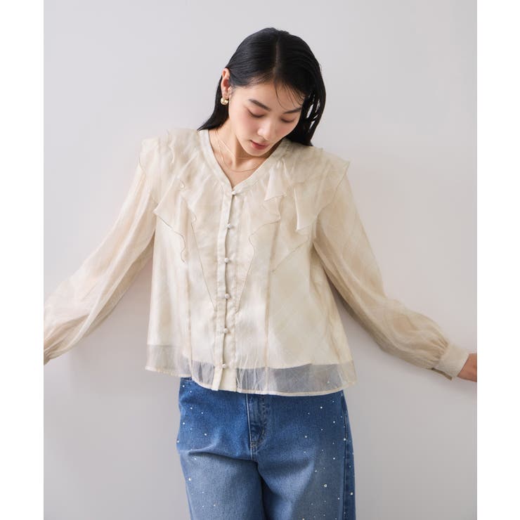 フロントフリルシアーチェックブラウス/イージーケア | VIS  | 詳細画像7 