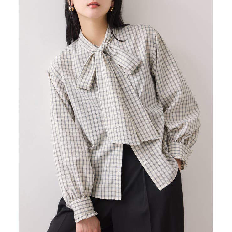 チェック＆デニムアソートボウタイリボン付きスタンドカラーシャツ | VIS  | 詳細画像1 