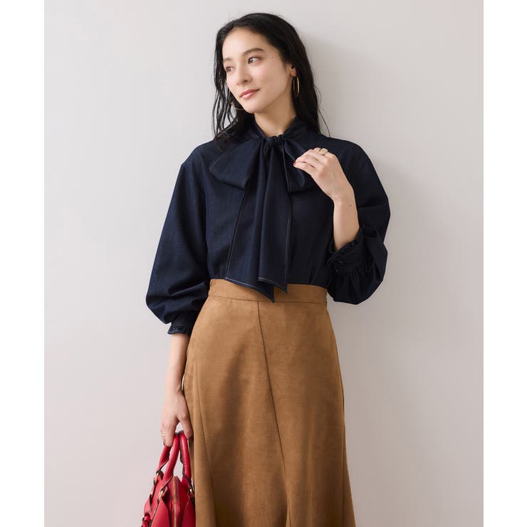 チェック＆デニムアソートボウタイリボン付きスタンドカラーシャツ | VIS  | 詳細画像18 