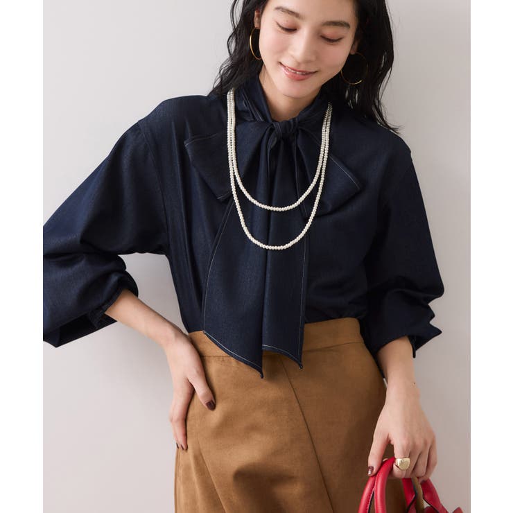 チェック＆デニムアソートボウタイリボン付きスタンドカラーシャツ | VIS  | 詳細画像19 