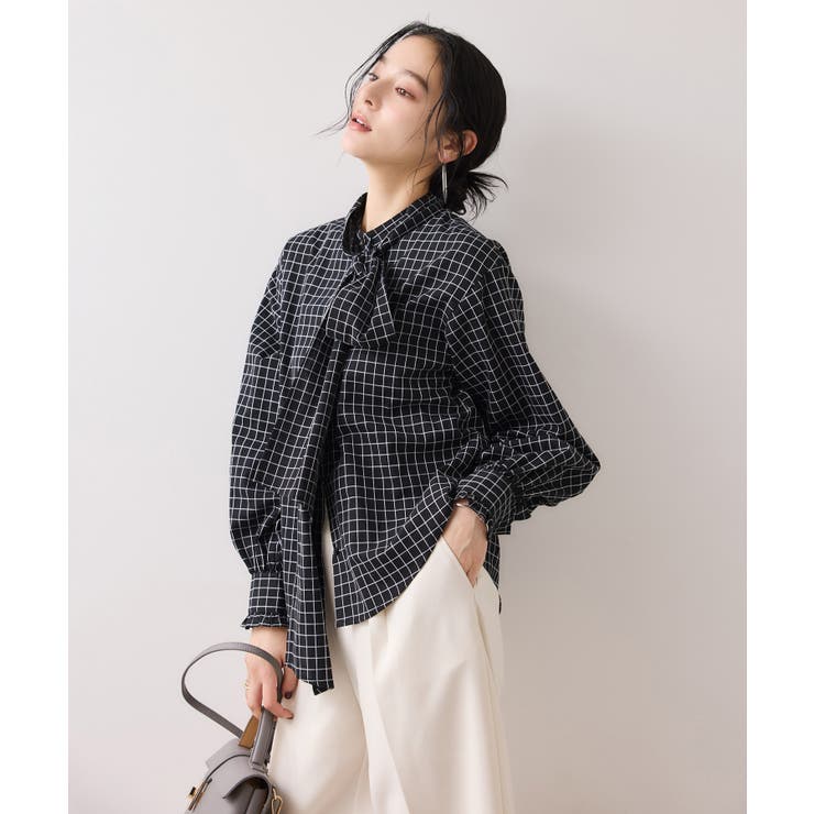 チェック＆デニムアソートボウタイリボン付きスタンドカラーシャツ | VIS  | 詳細画像23 