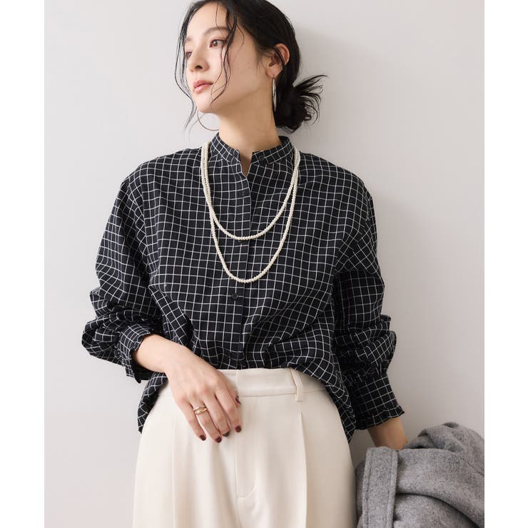 チェック＆デニムアソートボウタイリボン付きスタンドカラーシャツ | VIS  | 詳細画像28 