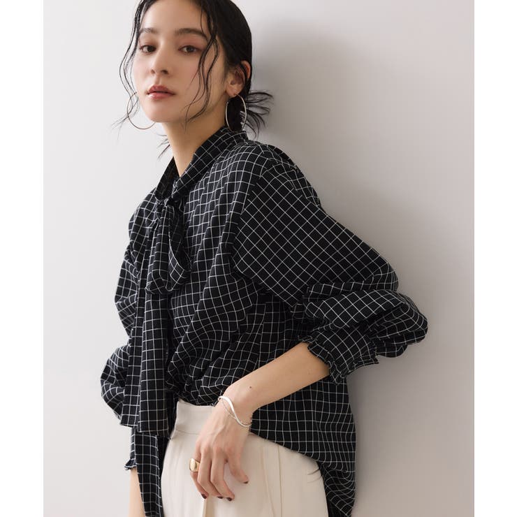 ブラック系(02) | チェック＆デニムアソートボウタイリボン付きスタンドカラーシャツ | VIS 