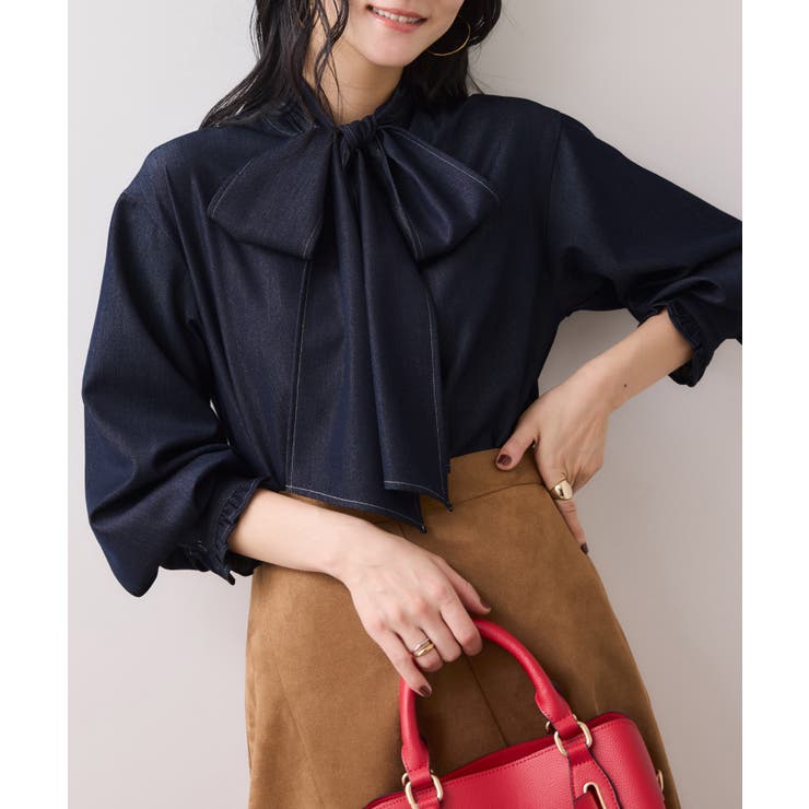 ネイビー系(41) | チェック＆デニムアソートボウタイリボン付きスタンドカラーシャツ | VIS 