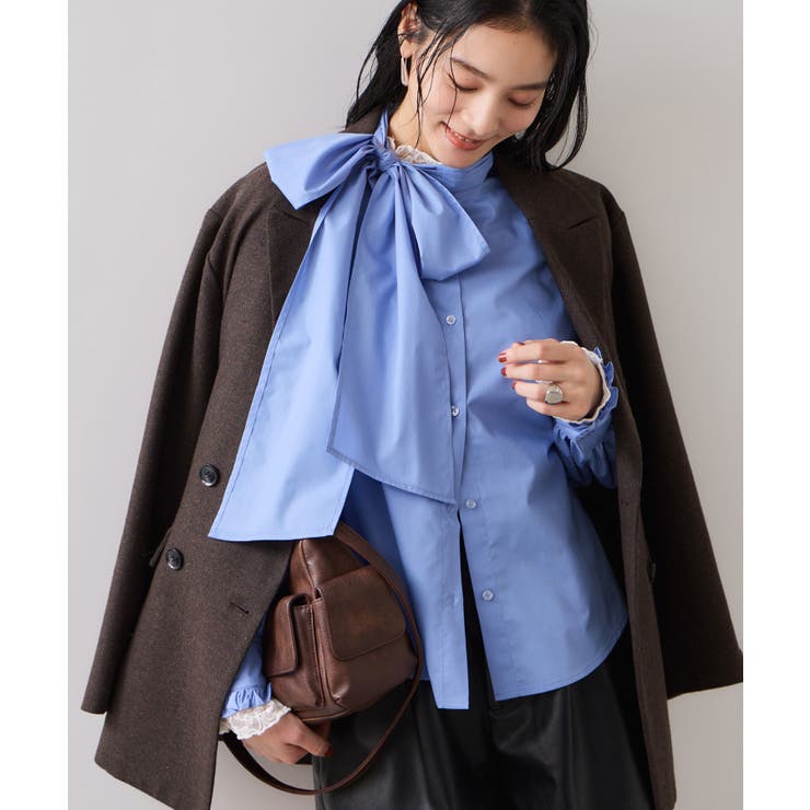 サックス(48) | チェック＆デニムアソートボウタイリボン付きスタンドカラーシャツ | VIS 