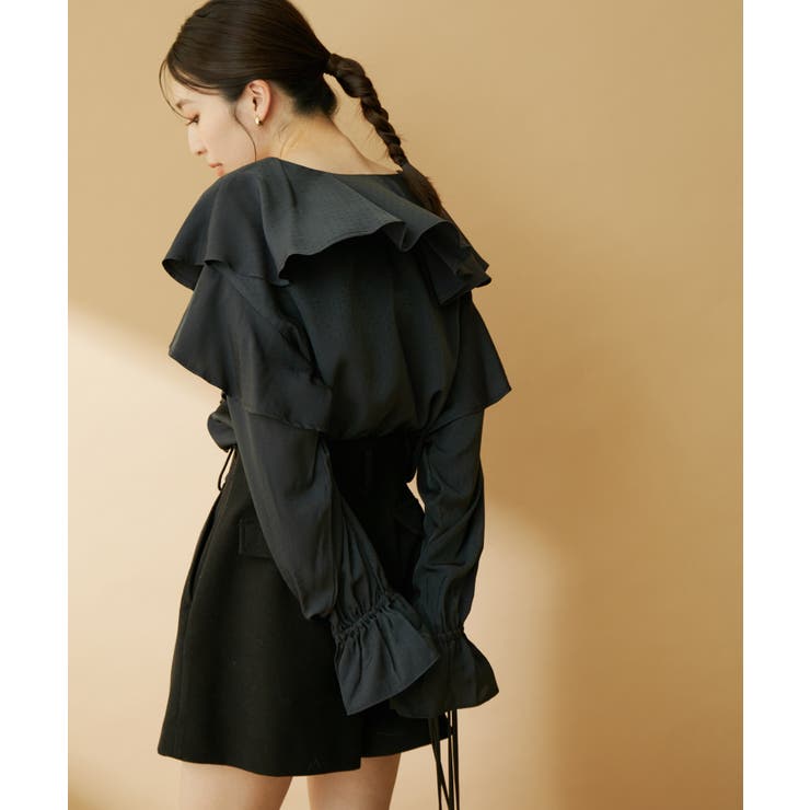 リテン　フリルチュニックブラウス　ブラック 楽天市場】チュニックブラウス ラッフルフリル 5分袖 モード感