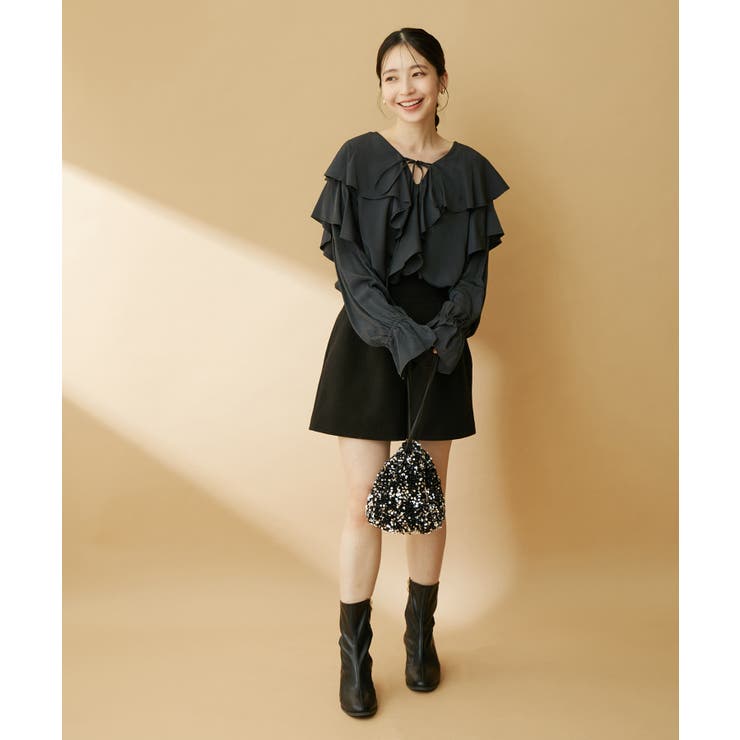shopK ラッフルオーバートップス　フリル チュニック　新品未使用 リフ Riff オーバーシャツ 襟フリル ラッフルフリル ビッグカラー