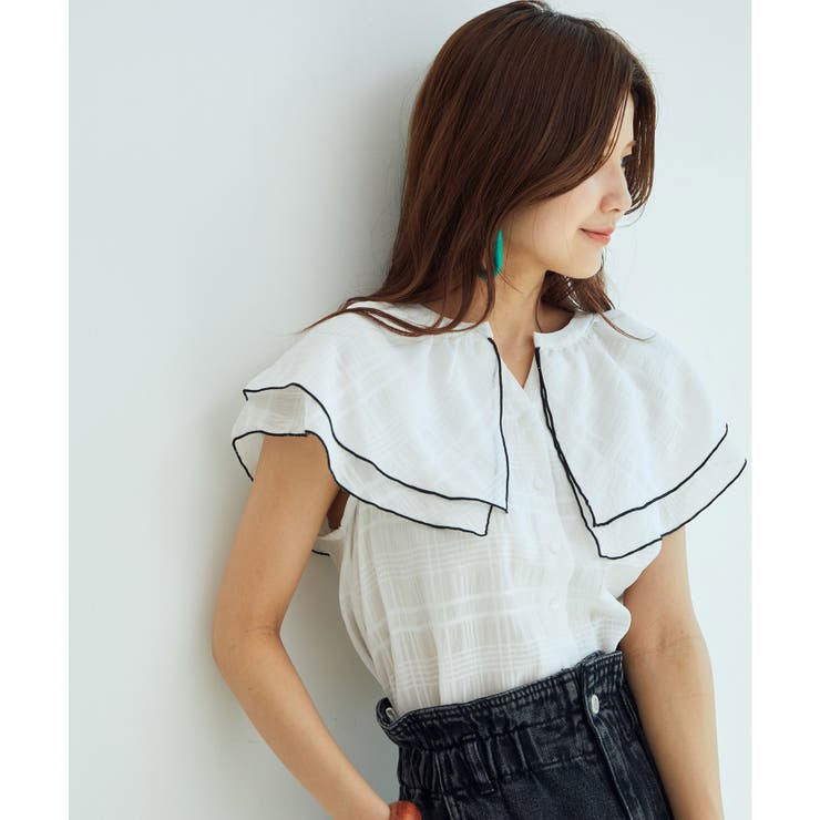 WEB限定】ラッフルフリル配色メローブラウス[品番：VISW0014481