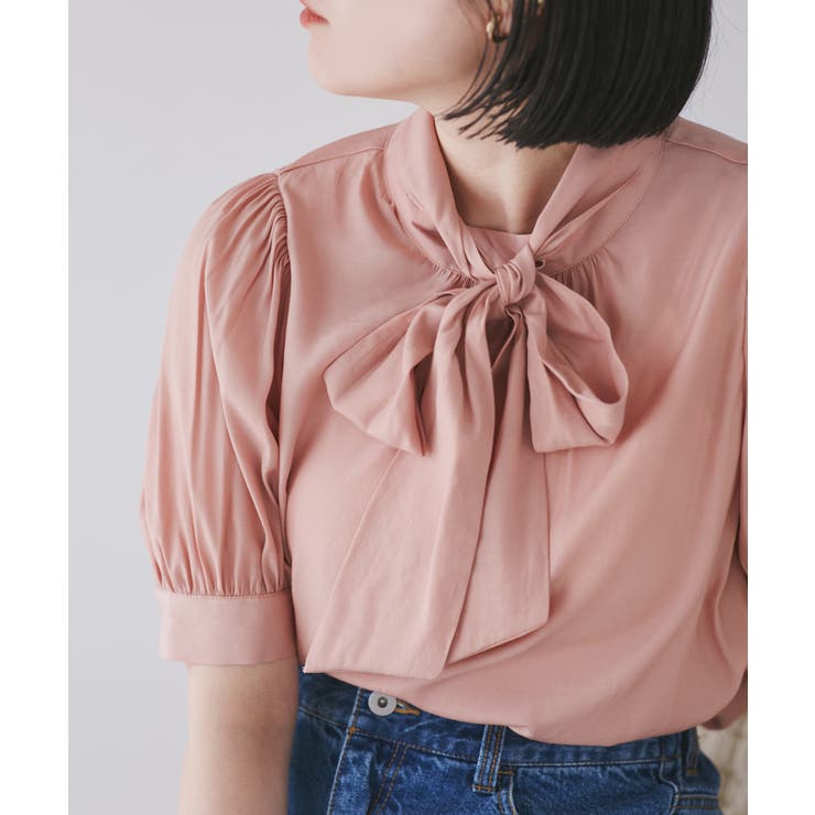 WEB限定】ボウタイ付き半袖パフスリーブブラウス【洗える】[品番
