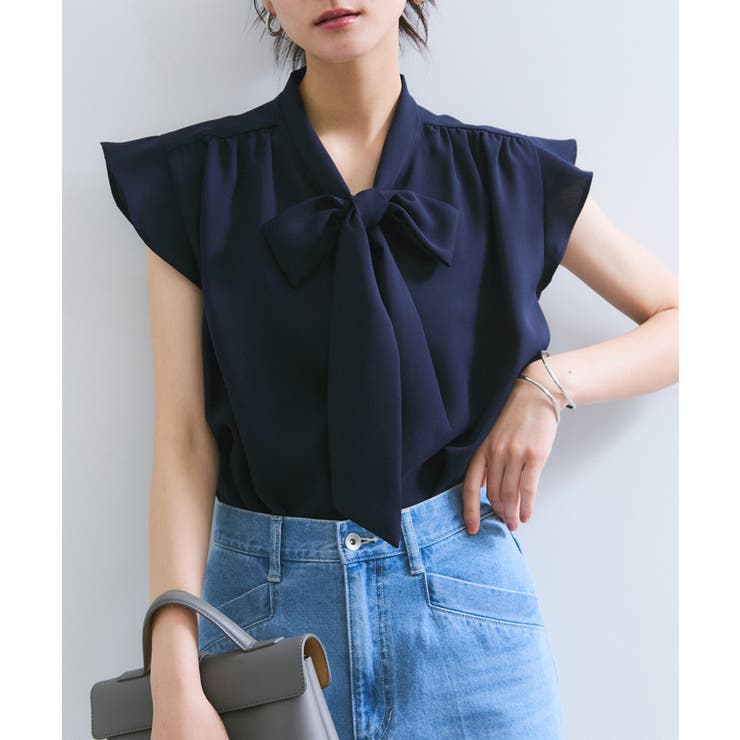 ネイビー(40) | 【WEB限定】【防シワ】フリルフレンチボウタイブラウス/通勤対応 | VIS 