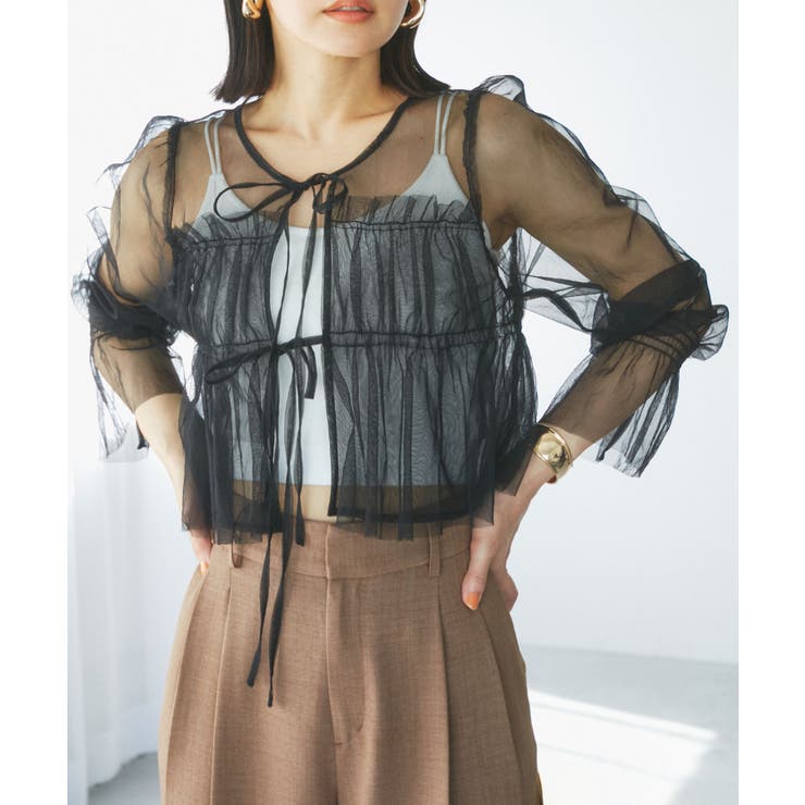 【前後2WAY】袖シャーリングチュールリボンブラウス | VIS  | 詳細画像1 