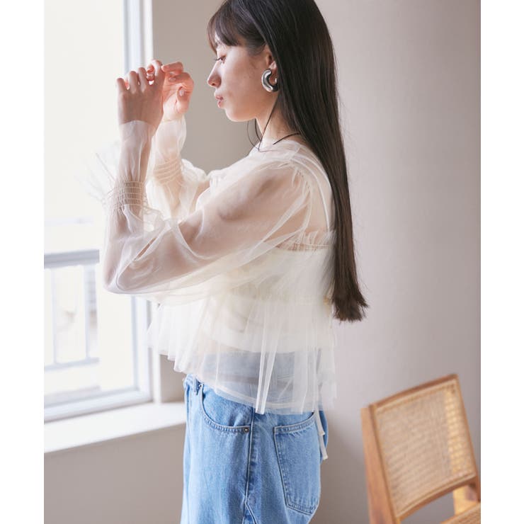 【前後2WAY】袖シャーリングチュールリボンブラウス | VIS  | 詳細画像10 