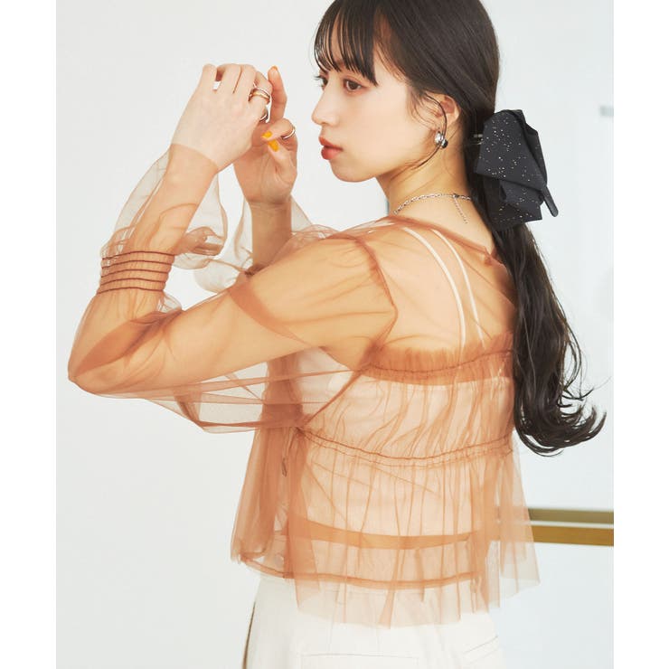 【前後2WAY】袖シャーリングチュールリボンブラウス | VIS  | 詳細画像14 