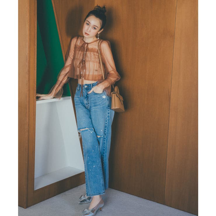 【前後2WAY】袖シャーリングチュールリボンブラウス | VIS  | 詳細画像3 