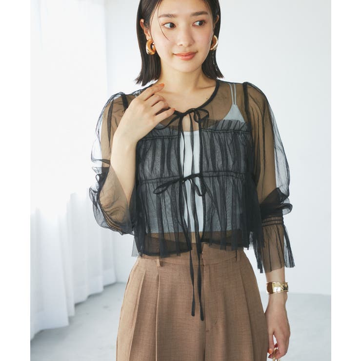 【前後2WAY】袖シャーリングチュールリボンブラウス | VIS  | 詳細画像5 