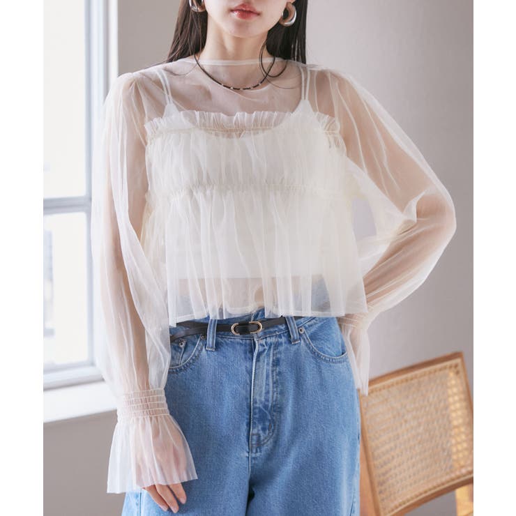 【前後2WAY】袖シャーリングチュールリボンブラウス | VIS  | 詳細画像9 