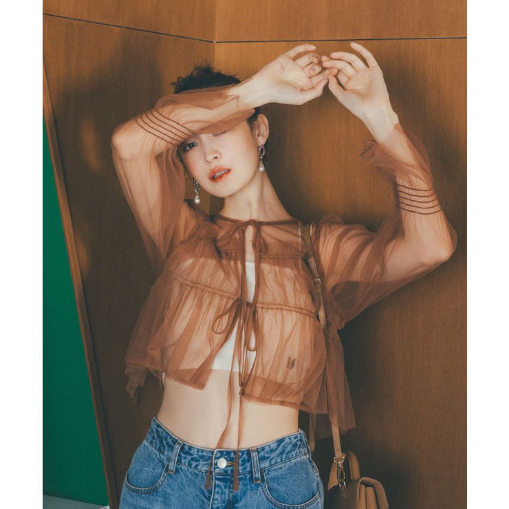 ブラウン(22) | 【前後2WAY】袖シャーリングチュールリボンブラウス | VIS 