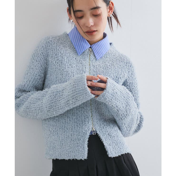 リボンヤーンジップリブネックカーディガン | VIS  | 詳細画像1 