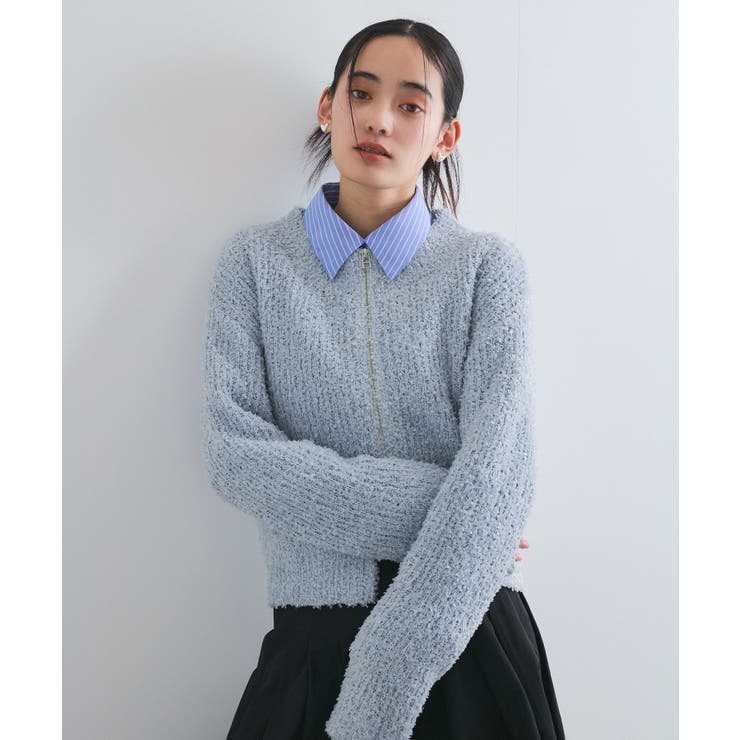 リボンヤーンジップリブネックカーディガン | VIS  | 詳細画像7 
