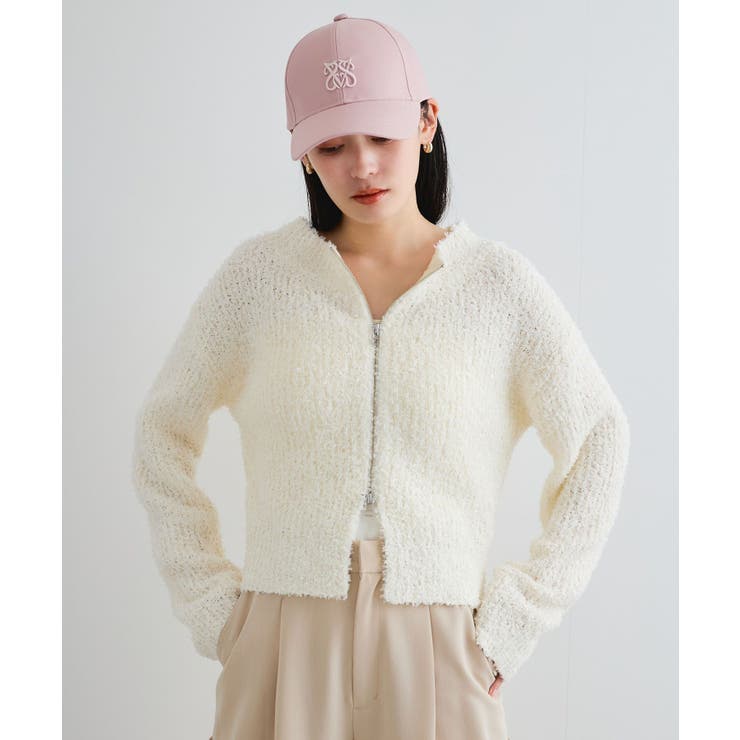 オフホワイト(15) | リボンヤーンジップリブネックカーディガン | VIS 