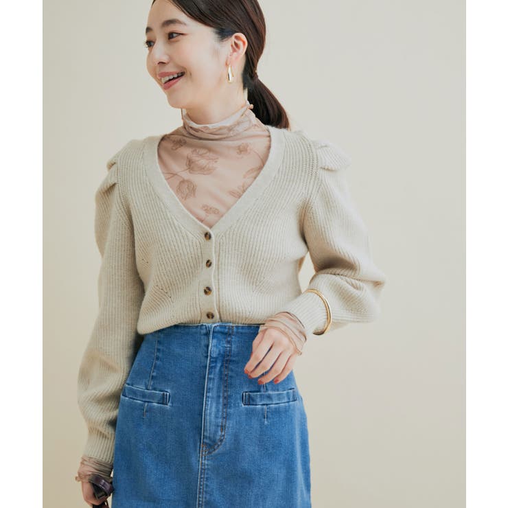 パワショルボリュームスリーブ片畦Vネックカーディガン | VIS  | 詳細画像1 