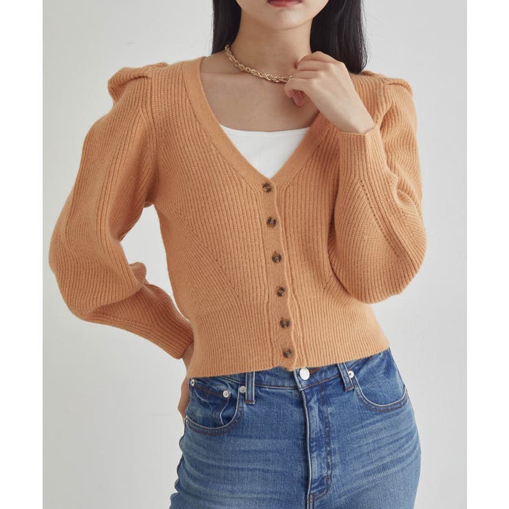 オレンジ(70) | パワショルボリュームスリーブ片畦Vネックカーディガン | VIS 