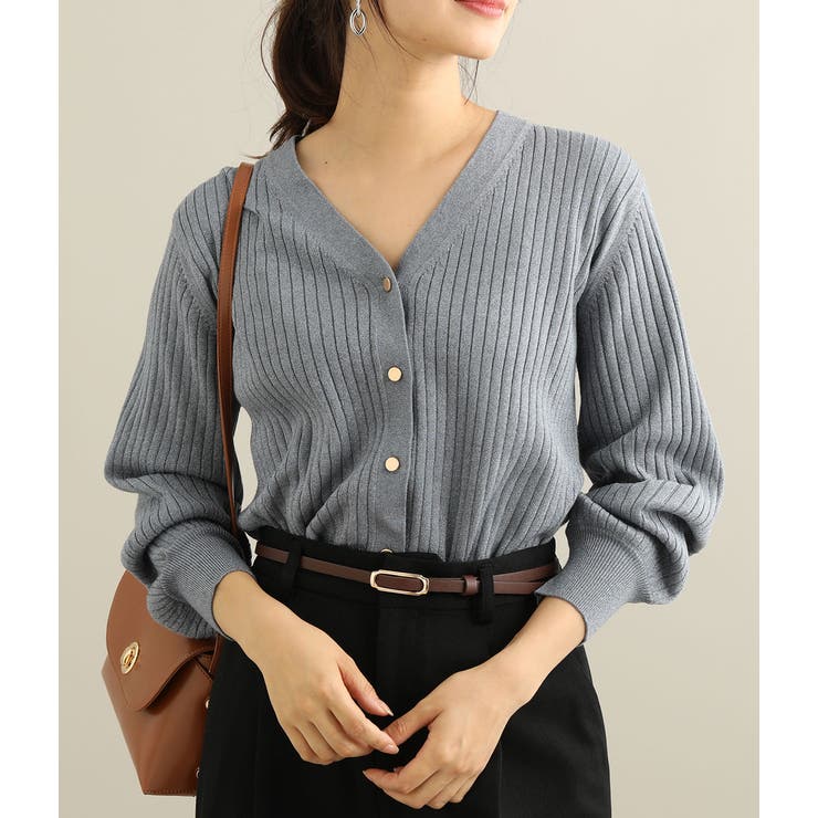 ワイドリブラメVネックカーディガン[品番：VISW0005536]｜VIS