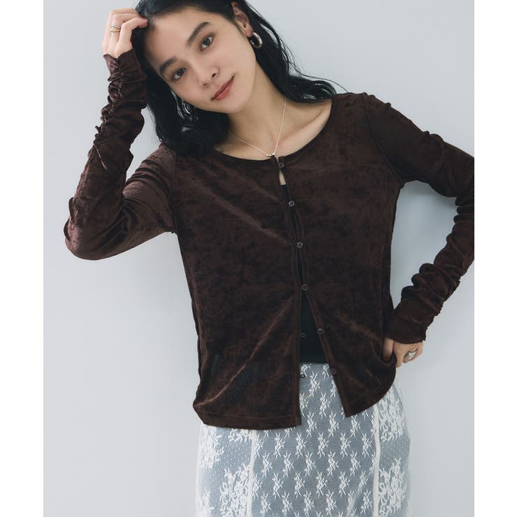【2WAY】花柄＆無地アソート袖シャーリングベロアカーディガン | VIS  | 詳細画像23 
