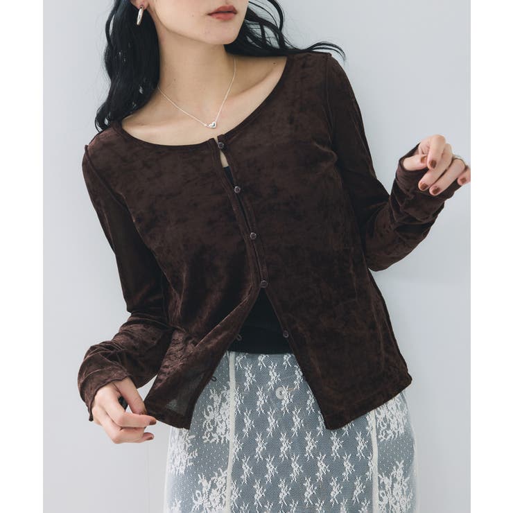 ブラウン(20) | 【2WAY】花柄＆無地アソート袖シャーリングベロアカーディガン | VIS 