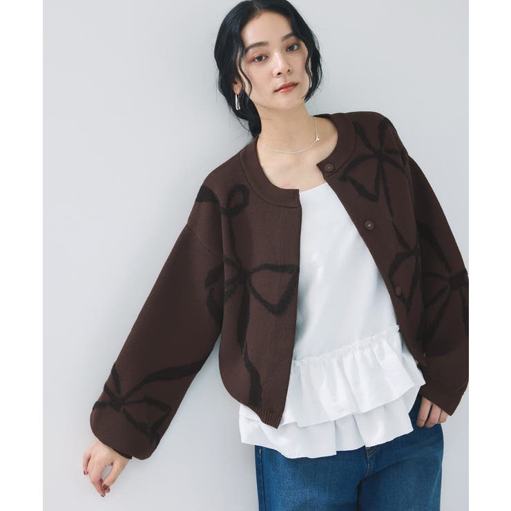 ブラウン(20) | リボンモチーフジャガードカーディガン/イージーケア | VIS 