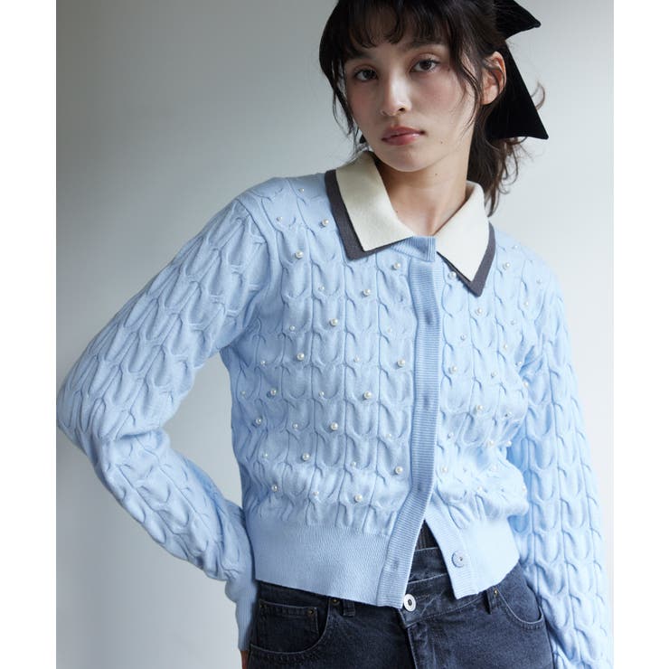 サックス(48) | パールケーブルカーディガン | VIS 