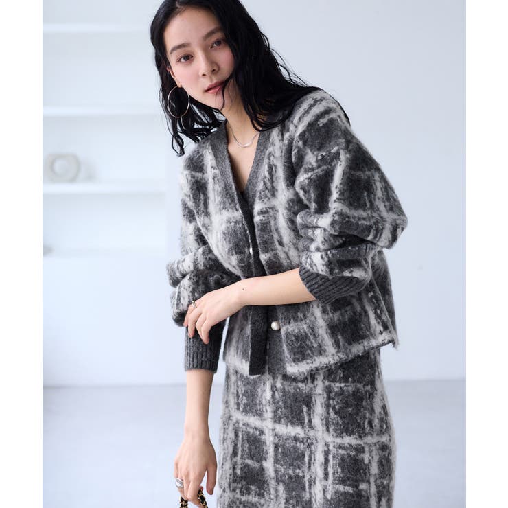 グレー(07) | チェックアソートシャギーニットカーディガン/セットアップ対応 | VIS 