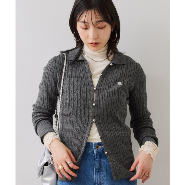チャコール(06) | ポロ衿ケーブルカーディガン | VIS 