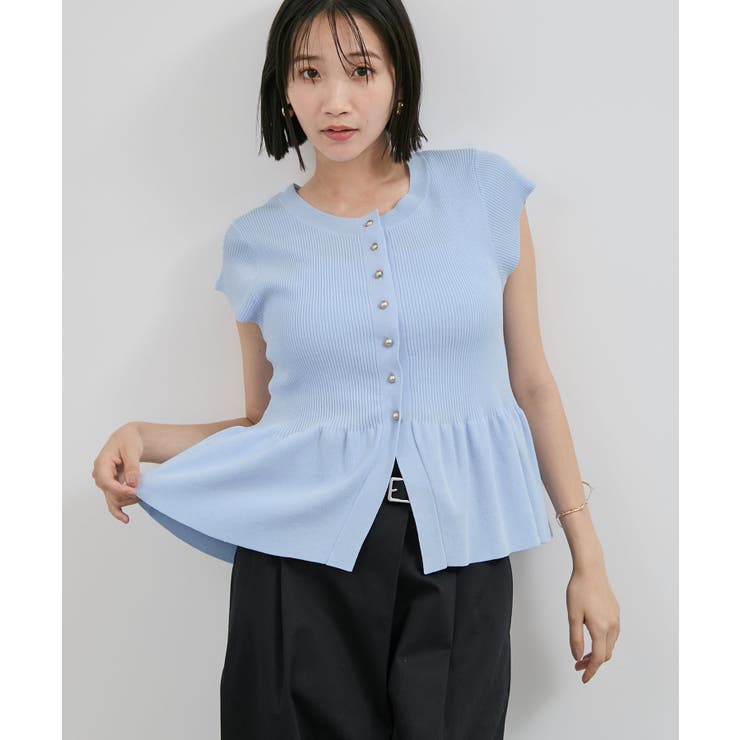 サックス(48) | 【アンチピリング/洗える】美SMARTショートスリーブペプラムニット | VIS 