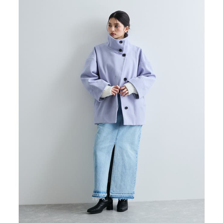 静電気防止】ステン&スタンドカラージャージメルトンミドル丈コート