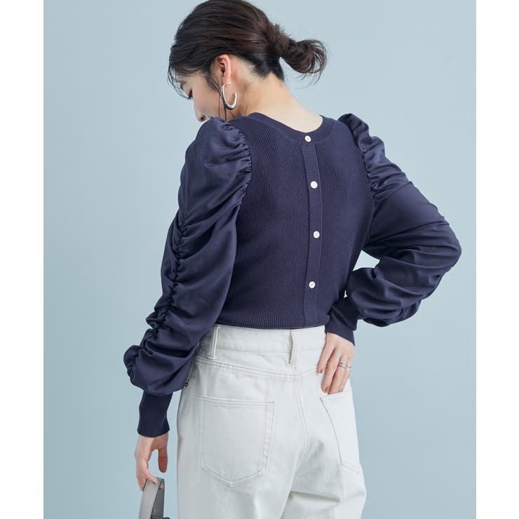 ネイビー(40) | 【前後2WAY】くしゅっと袖シャーリングニット | VIS 